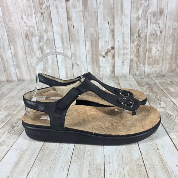 SAS Thong Sandals Adjustable Buckle Cork Comfort Casual Black‎ 10M - Picture 1 of 6